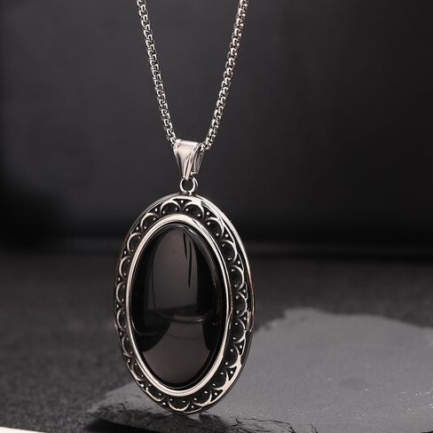 YWMAN Vintage Oval Pendant, Black Onyx Stone with Ornate Silver Frame, Gothic Victorian Jewelry in Saudi Arabia