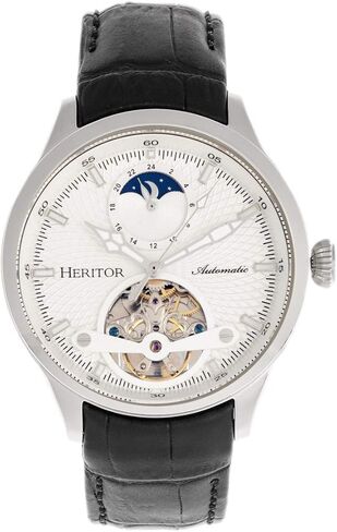 HERITOR Gregory Automatic Watch for Men – 45mm Men's Semi Skeleton Watch with Jeweled Automatic Movement, 316L Stainless Steel Case, Genuine Leather Strap in Saudi Arabia