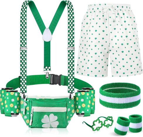 St Patricks Day Accessories Leprechaun Costume Green Fanny Pack with Drink Holder Irish Shamrock Shorts for Men(Plaid,L) in Saudi Arabia