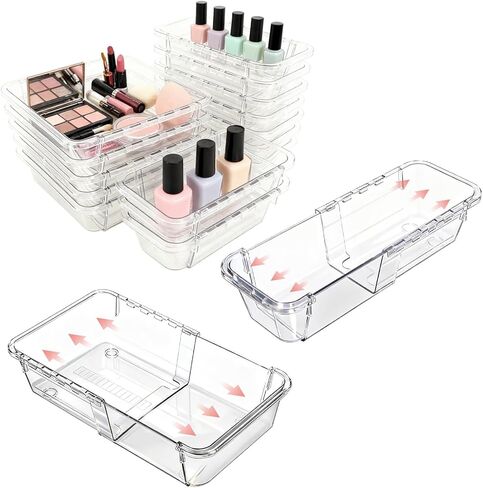 15 قطعة من منظم الأدراج القابل للتمديد، منظم مكياج قابل للتعديل بحجمين للدرج، صينية تنظيم أدراج الحمام، صندوق تخزين من الأكريليك الشفاف للمكياج، مستحضرات التجميل، منظم أدراج المكتب in Kuwait