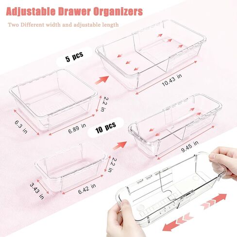 15 قطعة من منظم الأدراج القابل للتمديد، منظم مكياج قابل للتعديل بحجمين للدرج، صينية تنظيم أدراج الحمام، صندوق تخزين من الأكريليك الشفاف للمكياج، مستحضرات التجميل، منظم أدراج المكتب in Kuwait