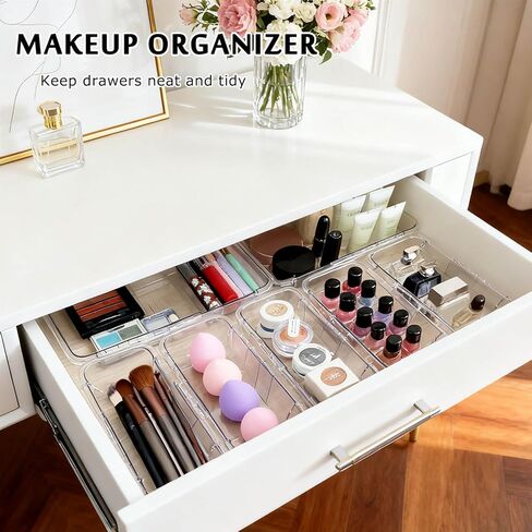 15 قطعة من منظم الأدراج القابل للتمديد، منظم مكياج قابل للتعديل بحجمين للدرج، صينية تنظيم أدراج الحمام، صندوق تخزين من الأكريليك الشفاف للمكياج، مستحضرات التجميل، منظم أدراج المكتب in Kuwait