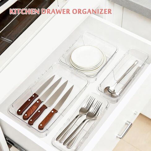 15 قطعة من منظم الأدراج القابل للتمديد، منظم مكياج قابل للتعديل بحجمين للدرج، صينية تنظيم أدراج الحمام، صندوق تخزين من الأكريليك الشفاف للمكياج، مستحضرات التجميل، منظم أدراج المكتب in Kuwait