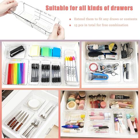 15 قطعة من منظم الأدراج القابل للتمديد، منظم مكياج قابل للتعديل بحجمين للدرج، صينية تنظيم أدراج الحمام، صندوق تخزين من الأكريليك الشفاف للمكياج، مستحضرات التجميل، منظم أدراج المكتب in Kuwait