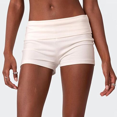 شورت نسائي قابل للطي بخصر مطاطي Y2k شورت صالة قابل للطي بيجامة لطيفة قيعان صغيرة شورت قصير ملابس نوم أبيض in Saudi Arabia