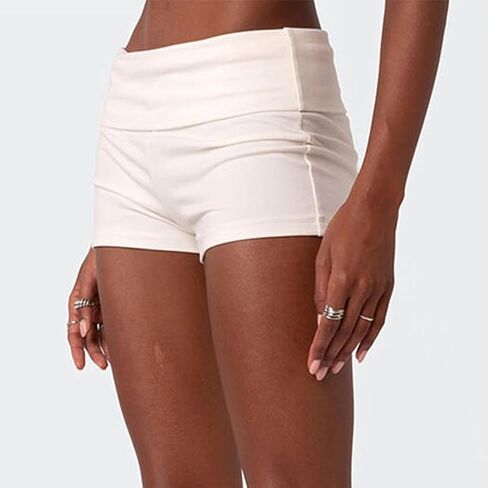 شورت نسائي قابل للطي بخصر مطاطي Y2k شورت صالة قابل للطي بيجامة لطيفة قيعان صغيرة شورت قصير ملابس نوم أبيض in Saudi Arabia