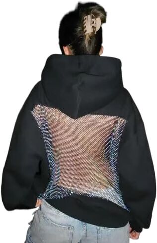 Crancious Women Hoodie Sweatshirt Sexy Backless Fishnet Hoodie Sequin See Fishnet Mesh Pullover with Pocket in Kuwait