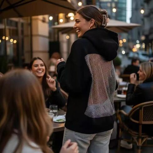 Crancious Women Hoodie Sweatshirt Sexy Backless Fishnet Hoodie Sequin See Fishnet Mesh Pullover with Pocket in Kuwait
