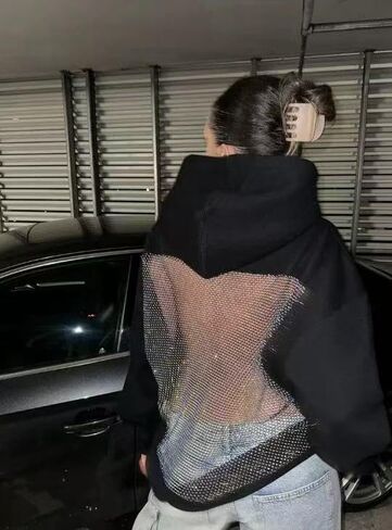 Crancious Women Hoodie Sweatshirt Sexy Backless Fishnet Hoodie Sequin See Fishnet Mesh Pullover with Pocket in Kuwait