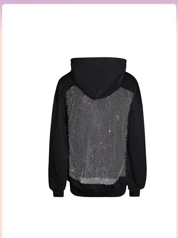 Crancious Women Hoodie Sweatshirt Sexy Backless Fishnet Hoodie Sequin See Fishnet Mesh Pullover with Pocket in Kuwait