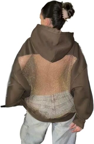 سترة بقلنسوة للنساء من Crancious سترة بقلنسوة مثيرة بدون ظهر من شبكة صيد السمك مع ترتر وشبكة صيد السمك مع جيب in Kuwait