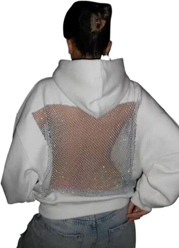 Crancious Women Hoodie Sweatshirt Sexy Backless Fishnet Hoodie Sequin See Fishnet Mesh Pullover with Pocket in Kuwait