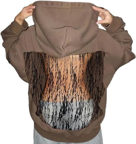 Crancious Women Hoodie Sweatshirt Sexy Backless Fishnet Hoodie Sequin See Fishnet Mesh Pullover with Pocket in Kuwait