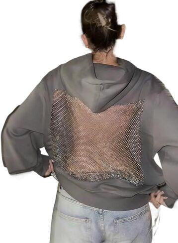 Crancious Women Hoodie Sweatshirt Sexy Backless Fishnet Hoodie Sequin See Fishnet Mesh Pullover with Pocket in Kuwait