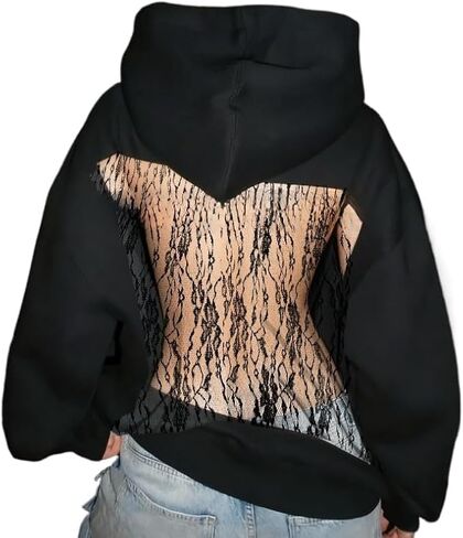Crancious Women Hoodie Sweatshirt Sexy Backless Fishnet Hoodie Sequin See Fishnet Mesh Pullover with Pocket in Kuwait