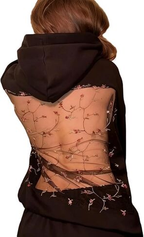 Crancious Women Hoodie Sweatshirt Sexy Backless Fishnet Hoodie Sequin See Fishnet Mesh Pullover with Pocket in Kuwait