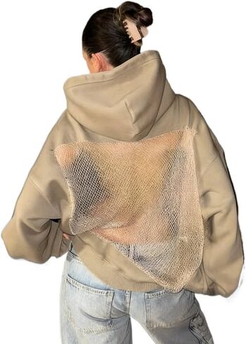 Crancious Women Hoodie Sweatshirt Sexy Backless Fishnet Hoodie Sequin See Fishnet Mesh Pullover with Pocket in Kuwait