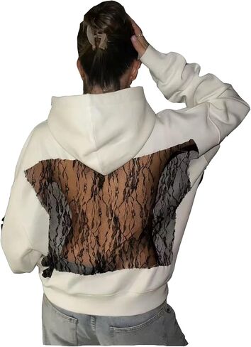 Crancious Women Hoodie Sweatshirt Sexy Backless Fishnet Hoodie Sequin See Fishnet Mesh Pullover with Pocket in Kuwait