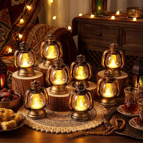 VIHOSE 18 قطعة من فانوس عيد رمضان السائبة، فوانيس ذهبية برونزية صغيرة مزخرفة مع شموع LED صغيرة ديكور عيد مبارك، أضواء فانوس معلقة عتيقة للمنزل 2026، هدية حفلة مركزية للطاولة، 3.5 بوصة in Saudi Arabia