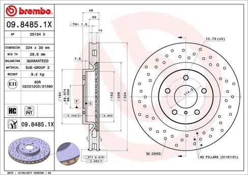 عمود الفرامل الأمامي المحفور Brembo 09.8485.1X Xtra المطلي بالأشعة فوق البنفسجية NISSAN OE # 40206CD005 in Saudi Arabia