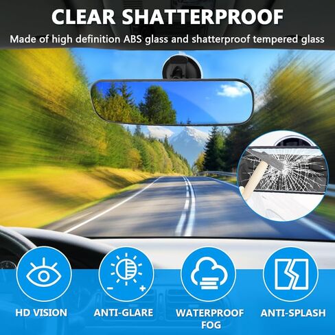 مرآة الرؤية الخلفية للسيارة مقاس 9.8 بوصة من UXELY مع كوب شفط، مرآة رؤية خلفية داخلية أوتوماتيكية قابلة للتعديل ومضادة للوهج، مجموعة مرآة داخلية سميكة عالية الدقة للسيارة، عالمية للبحرية والشاحنات وسيارات الدفع الرباعي، كما تظهر الصورة in Kuwait