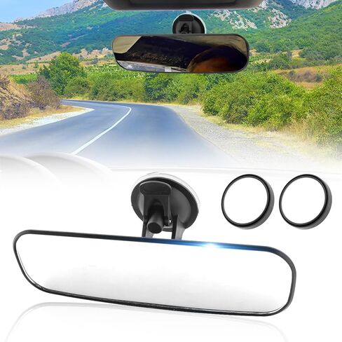 مرآة الرؤية الخلفية للسيارة مقاس 9.8 بوصة من UXELY مع كوب شفط، مرآة رؤية خلفية داخلية أوتوماتيكية قابلة للتعديل ومضادة للوهج، مجموعة مرآة داخلية سميكة عالية الدقة للسيارة، عالمية للبحرية والشاحنات وسيارات الدفع الرباعي، كما تظهر الصورة in Kuwait