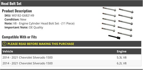 Engine Cylinder Head Bolt Kit - 11-Piece - Compatible with 2014-2021 Chevy Silverado 1500 (for 5.3L and 6.2L V8 Only) in Saudi Arabia