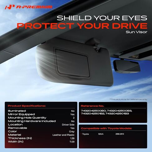 A-Premium Driver Left Side Sun Visor Compatible with Toyota RAV4 2006-2013 - Without Sunroof, Without Vanity Light, with Vanity Mirror, with Sliding Sun Visor Extension, Gray - Replaces 74320-42500-B0 in Saudi Arabia