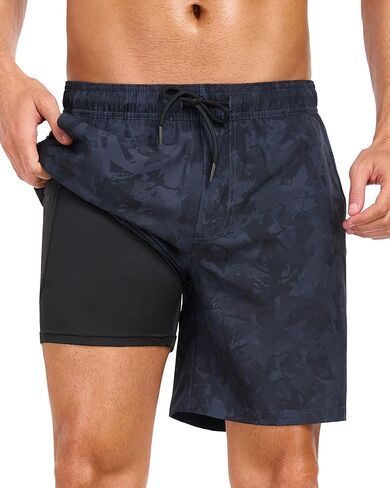 سروال سباحة رجالي مع بطانة ضغط 7 بوصة شورت سباحة سريع الجفاف للسباحة للشاطئ ملابس سباحة مع جيوب in Kuwait
