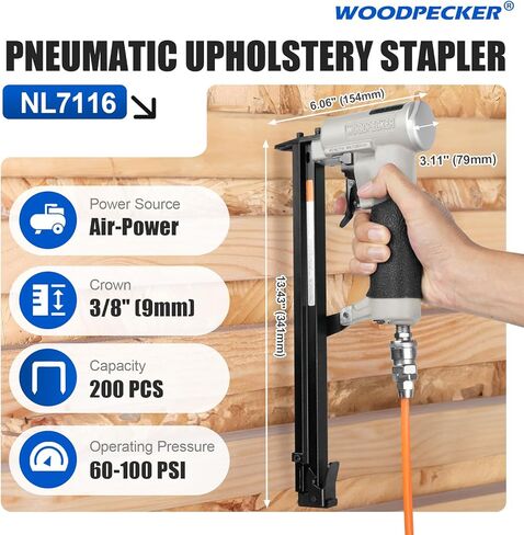 دباسة تنجيد هوائية من WOODPECKER NL7116 مع مجلة ممتدة، دبابيس تاج مقاس 22 مقاس 3/8 بوصة، مسدس دبابيس هوائي من سلسلة 71 للأعمال الخشبية، من 1/4 بوصة إلى 5/8 بوصة in Kuwait