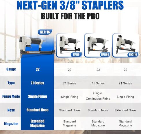 دباسة تنجيد هوائية من WOODPECKER NL7116 مع مجلة ممتدة، دبابيس تاج مقاس 22 مقاس 3/8 بوصة، مسدس دبابيس هوائي من سلسلة 71 للأعمال الخشبية، من 1/4 بوصة إلى 5/8 بوصة in Kuwait