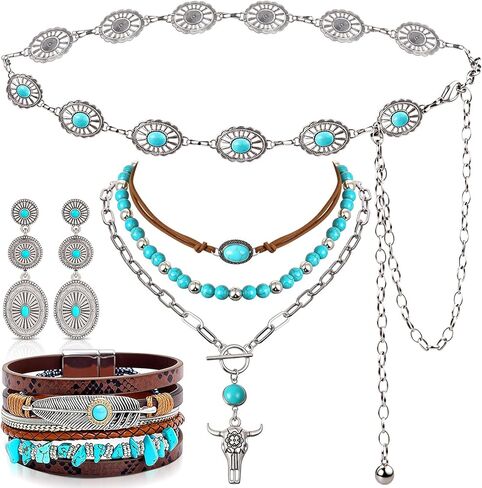 Misdary 6 Pcs Western Turquoise Jewelry for Women Cowgirl Bohemian Turquoise Necklace Concho Earrings Buckle Bracelets with Vintage Chain Belt Adjustable for Country Accessories in Saudi Arabia
