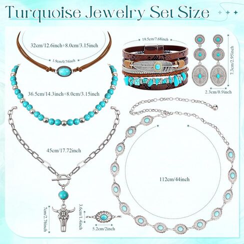 Misdary 6 Pcs Western Turquoise Jewelry for Women Cowgirl Bohemian Turquoise Necklace Concho Earrings Buckle Bracelets with Vintage Chain Belt Adjustable for Country Accessories in Saudi Arabia
