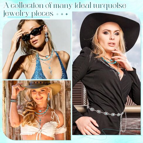 Misdary 6 Pcs Western Turquoise Jewelry for Women Cowgirl Bohemian Turquoise Necklace Concho Earrings Buckle Bracelets with Vintage Chain Belt Adjustable for Country Accessories in Saudi Arabia