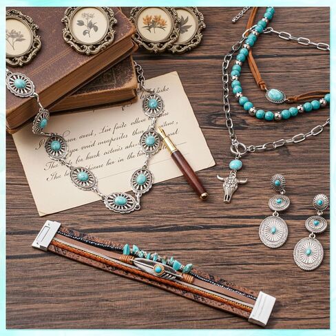 Misdary 6 Pcs Western Turquoise Jewelry for Women Cowgirl Bohemian Turquoise Necklace Concho Earrings Buckle Bracelets with Vintage Chain Belt Adjustable for Country Accessories in Saudi Arabia