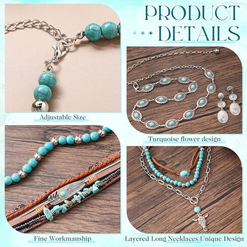 Misdary 6 Pcs Western Turquoise Jewelry for Women Cowgirl Bohemian Turquoise Necklace Concho Earrings Buckle Bracelets with Vintage Chain Belt Adjustable for Country Accessories in Saudi Arabia
