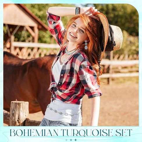Misdary 6 Pcs Western Turquoise Jewelry for Women Cowgirl Bohemian Turquoise Necklace Concho Earrings Buckle Bracelets with Vintage Chain Belt Adjustable for Country Accessories in Saudi Arabia