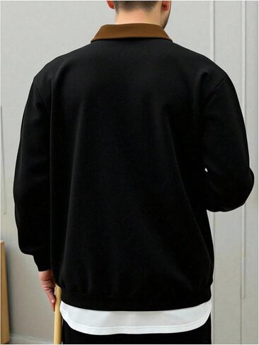 GORGLITTER Men's Color Block Graphic Oversized Sweatshirt Long Sleeve Half Zip Up Collar Streetwear Boxy Cropped Tops Black and Brown Small in Saudi Arabia