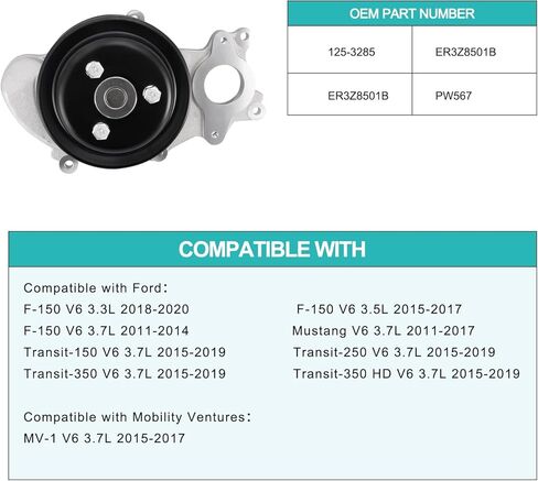 125-3285 Water Pump (3.3L 3.5L 3.7L) For Ford F-150 2011-2020,Mustang 2011-2017,Transit-150 Transit-250 Transit-350 HD 2015-2019,Mobility Ventures MV-1 2015-2017 1253285 ER3Z8501B PW567 in Saudi Arabia