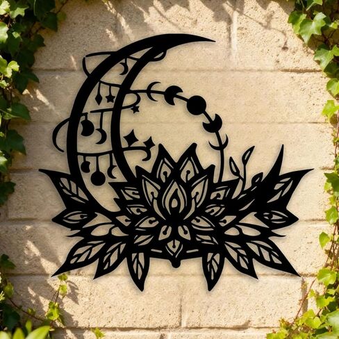 OPTYBVFD Moon Lotus Flower Metal Wall Decor - Moon Phase Room Decor Wall Art Home Decor for Living Room, Bedroom, Dining Room, Bathroom, Office (Black) in Saudi Arabia