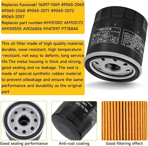 استبدال فلتر الزيت 49065-0724 عنصر فلتر الزيت 49065-7010، لنماذج محرك kawasaki FX850V FX801V FJ180V FH381-721V FH601-770D FX751-FX1000V، AM107423 120-634 1016467، ثقيل واجب، مانع للتسرب، 2 عبوة in Kuwait