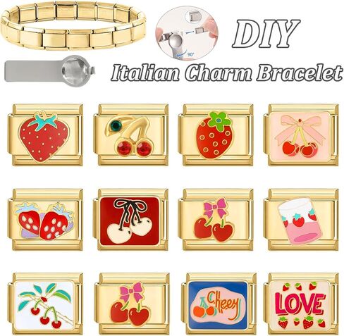 papasgix Custom Italian Charm Bracelet Charms Gold Set 10 Personalized Charm Brascelets 9mm Assorted Italian Charms Bracelet Links Handmade DIY Jewelry Cherry Strawberry Diamond in Saudi Arabia