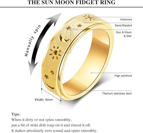 OreilleStar Fidget Anxiety Ring for Women: Sun Moon Star Symbols Stress Relief Thumb Spinner Ring Stainless Steel Toys Adults Gift for Men Silver Gold Plated Size 5-12 in Saudi Arabia