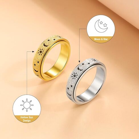 OreilleStar Fidget Anxiety Ring for Women: Sun Moon Star Symbols Stress Relief Thumb Spinner Ring Stainless Steel Toys Adults Gift for Men Silver Gold Plated Size 5-12 in Saudi Arabia