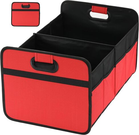Simple Deluxe Car Trunk Organizer, 2 Compartments Collapsible Trunk Storage, Anti-slip Design, Made of Waterproof 600D Oxford Polyester, Suitable for SUV, Minivan, Truck, Standard Size, Red New in Saudi Arabia