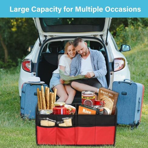 Simple Deluxe Car Trunk Organizer, 2 Compartments Collapsible Trunk Storage, Anti-slip Design, Made of Waterproof 600D Oxford Polyester, Suitable for SUV, Minivan, Truck, Standard Size, Red New in Saudi Arabia