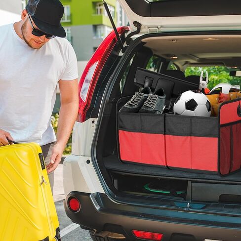 Simple Deluxe Car Trunk Organizer, 2 Compartments Collapsible Trunk Storage, Anti-slip Design, Made of Waterproof 600D Oxford Polyester, Suitable for SUV, Minivan, Truck, Standard Size, Red New in Saudi Arabia