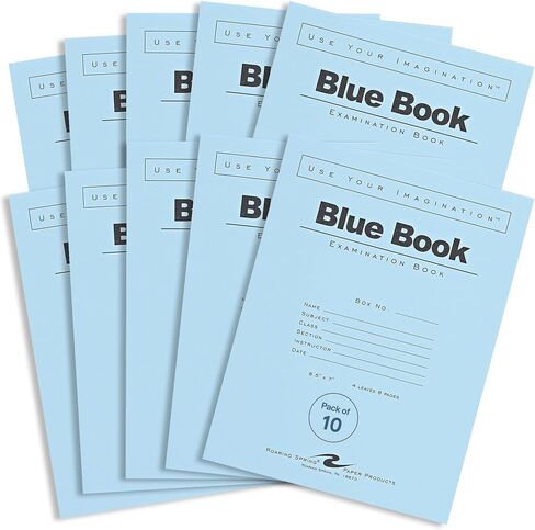 ROARING SPRING Exam Blue Books, 50 Pack, 11" x 8.5", 8 Sheets/16 Pages, Wide Ruled with Margin, Proudly Made in the USA in Kuwait