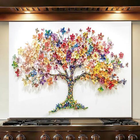 LMSDYSHU Tree of Life‘’Tempered Glass Backsplash for Kitchen, Frameless, Stove Backsplash Protector for Wall,Easy to Clean, Home Decor (colorful, 30"*30") in Saudi Arabia