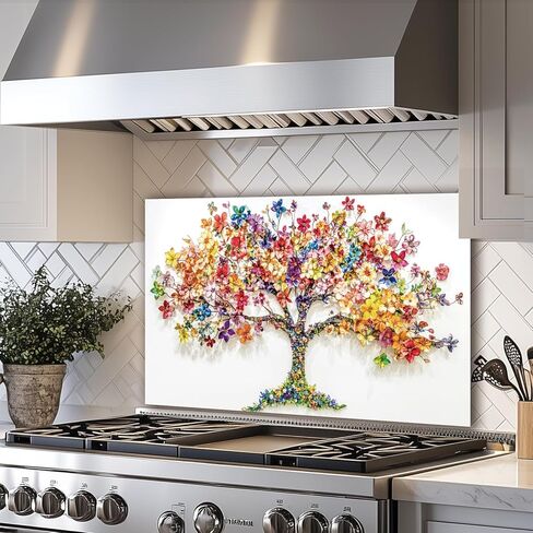 LMSDYSHU Tree of Life‘’Tempered Glass Backsplash for Kitchen, Frameless, Stove Backsplash Protector for Wall,Easy to Clean, Home Decor (colorful, 30"*30") in Saudi Arabia